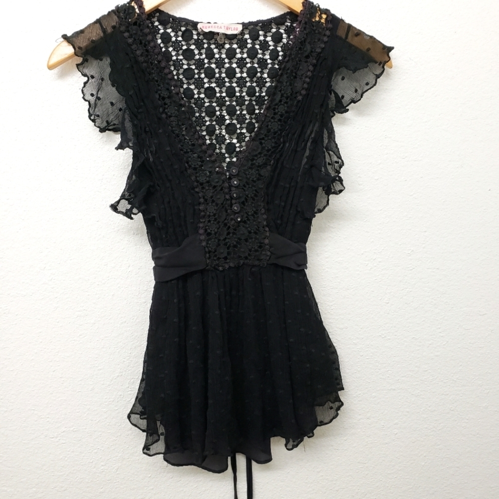 Rebecca Taylor Lace Chiffon Silk Black Blouse Size 2